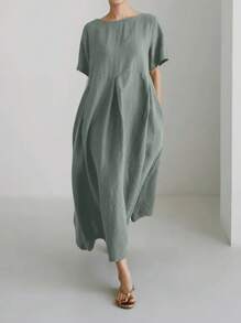 Váy lanh rộng rãi thanh lịch cho nữ, váy dài màu trơn cổ tròn tay ngắn có túi đơn giản, mùa xuân/hè - Màu xanh Bạc hà - Xem 5