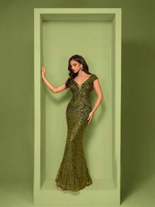 BluePlum Summer High Quality Elastic Sequin V-Neck Cap Sleeves With Fishtail Hem Design, Featuring A Solid Color Elegant And Luxurious Long Dress For Women,Making Women Younger And More Charming,Suitable For Various Parties, Graduations, Weddings, Events And Various Banquets And Dancing Parties,Formal Ball Gown For Women, (Deluxe Edition) Party Dress Wedding Guest Dress Evening Dress - Olive Green - View 8