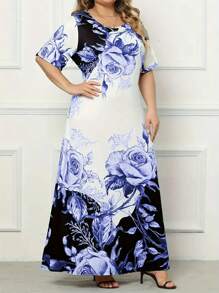Plus Size Ditsy Floral Dress, Elegant Short Sleeve Round Neck Pocket Dress, Suitable For Autumn/Winter, Women Plus Size Clothing Vacation Summer - Blue - View 1