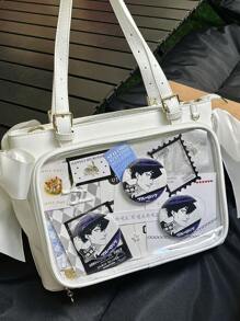 Nova bolsa transparente estilo japonês com fita, bolsa transparente grande com alça de ombro, feminina (cartão e crachá são apenas para referência, não incluídos)