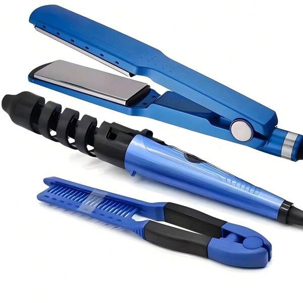 Kit Profesional 3 en 1 para Cabello: Plancha Alaciadora, Rizadora Titanium con Temperatura Ajustable, Ideal para Barberías y Uso en Hogar