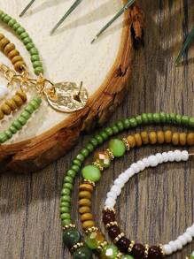 BOCAR 1 Pair Bohemian Olive Green Crystal & Wooden Bead Mixed 3-Layer Hoop Earrings, Suitable For Women Everyday Wear
