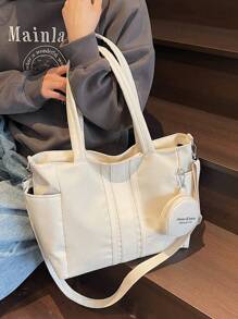 New Casual Solid & Striped Pattern Multi Pocket Shoulder Tote Bag, Suitable For Commuting, Shopping, School, Includes Coin Purse, Women