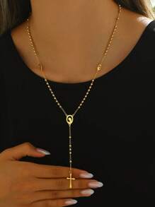 1pc Punk Hiphop Stainless Steel Geometric Human Cross Pendant Long Necklace, Suitable For Party, Gathering, Festival Wear