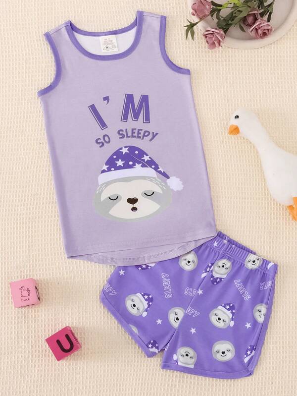 Set de 2 piezas de pijama ajustado para niñas, con estampado de perezoso lindo en chaleco y pantalones cortos, ropa interior ligera sin mangas para verano