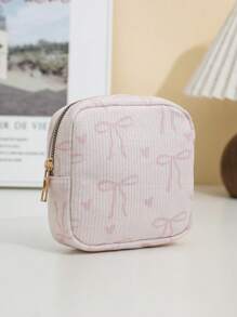 1 pieza Bolsa de cosméticos de pana, almacenamiento de productos de higiene femenina, diseño lindo y minimalista con moño, patrones de cereza y fresa, portátil y esencial para viajes - Multicolor - Ver 18