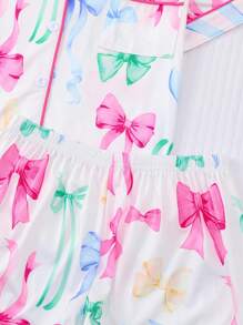 2pcs Women's Butterfly Allover Print Sleepwear Set, Short Sleeve Top And Shorts, Pocket, Lapel Bow, Button Front, Suitable For All Seasons - White - View 8