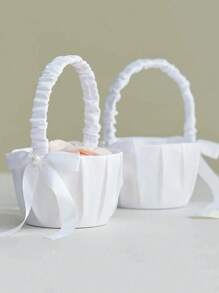 1 pieza Elegante cesta de flores de boda con perlas y asa - Colección moderna de satén blanco de poliéster con lazo, para celebraciones y fiestas al aire libre, suministros para ceremonias de boda