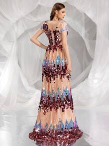 Sequined V-Neck Long Formal Dress & Evening Gown - Pink - View 1