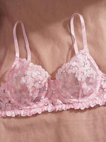 2pcs Women Sexy Lingerie Set, Pink Floral Embroidery Mesh Sheer Thin Bra, Intimate Bedroom Outfit For Valentine's Day