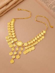 斋月硬币项链 - 婚礼和礼物的完美选择，多层夸张硬币项链配金属雕花流苏，女士项链珠宝节日礼物 - 金黃色 - 查看 3
