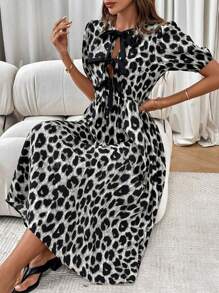 Women's Leopard Print Patchwork Contrast Color Bowknot Mini Dress
