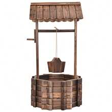 Lifezeal Outdoor Wooden Wishing Well Bucket Flower Plants Planter Patio Garden Home Decor - 原木色 - 查看 6