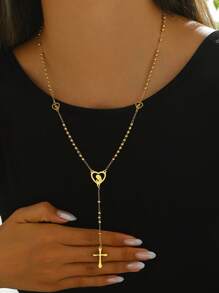 1pc Punk Hiphop Stainless Steel Geometric Human Cross Pendant Long Necklace, Suitable For Party, Gathering, Festival Wear