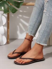 New Spring/Summer Women's Chocolate Brown Flip Flop Sandals, Round Toe Flat Thong Slippers, Casual Wear Indoor/Outdoor - 巧克力棕 - 查看 3