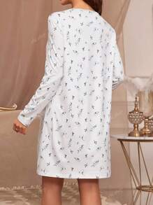 Women Loose Comfortable Ditsy Floral Round Neck Soft Elastic Long Sleeve Nightgown/Dress For Casual/Home Wear, Suitable For Pregnancy & Nursing, Spring/Summer/Autumn