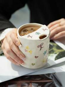 1pc陶瓷咖啡杯ins蝴蝶结手柄拿铁杯办公室马克杯咖啡杯抹茶冷萃杯商用甜品杯适合下午茶郊游拍照道具生日礼物返校 - 彩色 - 查看 5