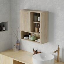 HOMCOM Armario de Baño de Pared Mueble de Baño Colgar con Estantes Ajustables Puerta Corredera Compartimentos y Diseño con Perfil Curvo 60x20x62 cm Natural - 60x20x62 cm - Ver 9