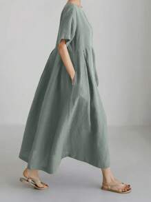 Váy lanh rộng rãi thanh lịch cho nữ, váy dài màu trơn cổ tròn tay ngắn có túi đơn giản, mùa xuân/hè - Màu xanh Bạc hà - Xem 4