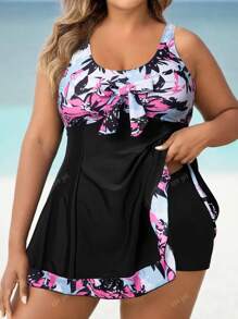 Plus Size Plant Print Front Knot Casual Tankini Swimsuit Set dla kobiet