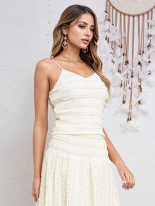 Eilly Bazar Summer Resort Style Women's Adjustable Spaghetti Strap Lace Patchwork Textured Sexy Crop Top - Beige - View 4