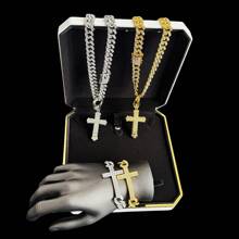 Juego de collar, pulsera, colgante de cruz y anillo con incrustaciones de cristal tipo cubana, diseño clásico de broche de barba chapado en oro, incrustación de strass de 13 mm, estilo de moda callejera de hip-hop, disponible en colores oro y platino, múltiples tallas