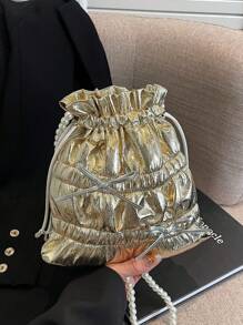 1pc Women's Solid Color PU Shoulder Bucket Bag, Fashionable Shiny Buckle Bow Decor, Pearl Adjustable Strap, Suitable For Occasions, Gifts - Multicolor - View 3