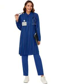 cimmuovere 宽松休闲日常条纹长袖上衣（3 个口袋）+纯色裤子（2 个口袋）手术制服套装，适合医疗保健、牙科诊所、美容院、心理学家 - 寶藍色 - 查看 1