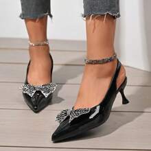 Zapatos de tacón alto con lazo en la parte posterior para mujer, zapatos de salón de punta puntiaguda de unicolor y de fácil puesta, sandalias versátiles para vestir