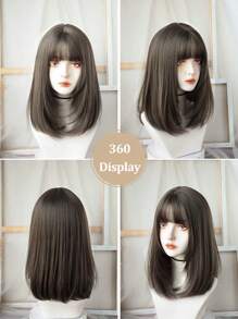 Peruca com franja, cabelo liso, 18 polegadas, marrom natural, para mulheres