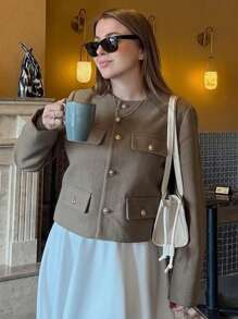 HH 女士优雅圆领装饰长袖纯色外套