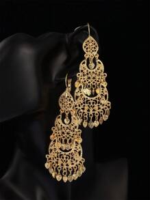 1 Pair Luxury Gold-Plated Moroccan Earrings, Hollow Carved Moon & Heart Tassel Dangles For Arab Ladies, Daily, Wedding & Traditional Festivals - Multicolor - View 4