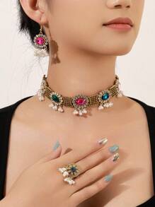 4pcs/Set European & American Vintage Palace Style Women Jewelry Set: 1pc Sapphire Crystal Glass Faux Pearl Tassel Pendant Necklace, 1 Pair Earrings, 1pc Rhinestone Ring