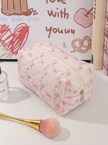 1pc/Set Pink Floral Striped Bow Quilted Large Capacity Women Makeup Bag, Travel Cosmetic Bag, Girls Makeup Organizer Bag, Makeup Pouch Toiletry Bag, Pad/Tampon Storage Bag, Can Hold Lipstick, Makeup Brushes, Skincare, Phone, Coins, Small Items, Suitable For Home, Travel, Vacation, School, Also Great As Bridesmaid Gift, Mother's Gift, Birthday Gift, Gift For Friends