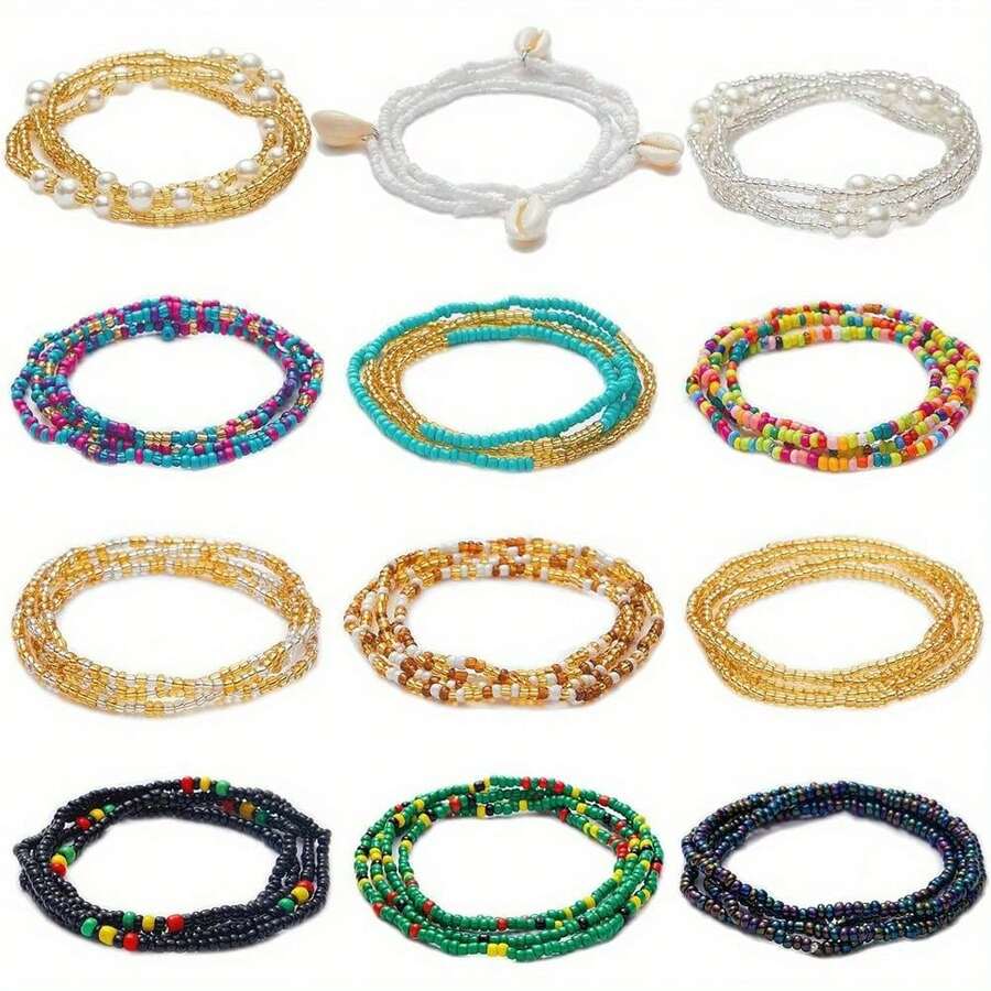 12PCS 50-70 Inches Plus Size Waist Beads Chains For Women Handmade African Belly Beads Layered Body Chain Beach Bikini Jewelry - Style-1 - View 1