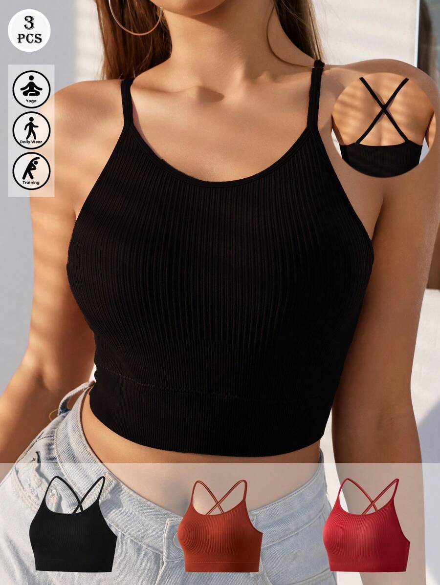 3 Sets Women Seamless Wireless Criss-Cross Back Comfort Sports Bras