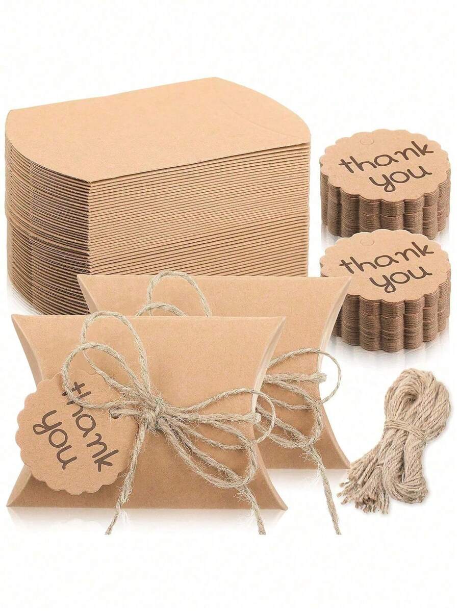 20pcs Kraft Pillow Boxes With Rope And Thank You Tag,Candy Favor Paper Box,Brown Gift Box For Candy Chocolate Bakery Birthday Graduation Wedding Party - Kraft Paper Pillow Box - View 1