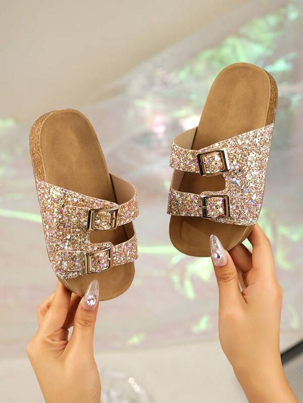 2025 Summer New Girls Thick Sole Metallic Buckle Fashion Sandals, Suitable For Indoor & Outdoor Wear, Stylish Open Toe Beach Slippers