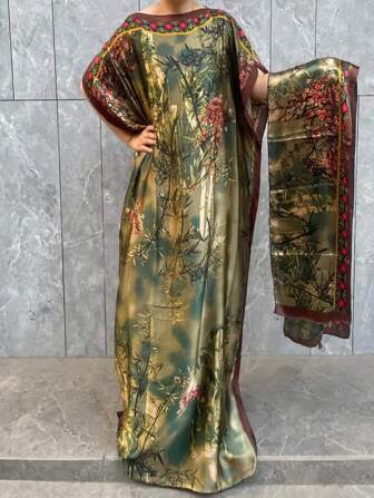 Robe caftan élégante grande taille avec col rond et manches courtes - Tissu en polyester confortable, non extensible, ample, imprimé intégral - Parfait pour l'été, la plage et les activités extérieures