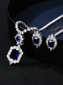 1 Bộ 3 món trang sức vòng cổ và hoa tai Cubic Zirconia, phong cách tối giản thời trang cho đám cưới, tiệc tùng, phụ kiện váy cô dâu - Màu xanh lam - Xem 2