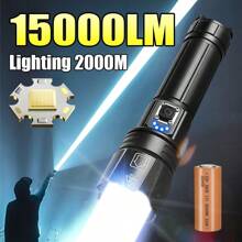 Linterna recargable LED | Linterna de 15000 lúmenes con chip XHP360 | Linterna impermeable IP67 y zoom | Linterna táctica con 5 modos de iluminación para acampada, senderismo, pesca y emergencias