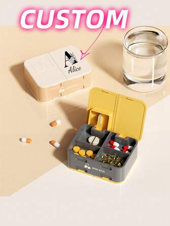 1 pieza Caja de píldoras de plástico de unicolor personalizada con nombre y texto, dispensador portátil, caja de medicina portátil, caja de píldoras de una semana, caja dispensadora de medicamentos, caja de viaje, caja de almacenamiento de píldoras a prueba de polvo, caja de píldoras de 6 celdas, mini caja dispensadora de joyas, caja de almacenamiento