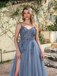 Babyonlinedress BABYONLINE D.R.E.S.S. Tulle Beaded Prom Dresses For Women 2025 Lace Applique Formal Evening Dresses Spaghetti Straps A-Line Puffy Ball Gown - Màu xanh bụi bặm - Xem 9