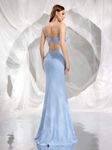 Elisanya Elegantes Kleid mit tiefem V-Ausschnitt und offenem Rücken mit Schlitz, geeignet für Party, Bankett, Hochzeit, Brautjungfer - Babyblau - Übersicht 2