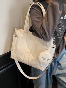 New Casual Solid & Striped Pattern Multi Pocket Shoulder Tote Bag, Suitable For Commuting, Shopping, School, Includes Coin Purse, Women