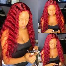 Uveous 40 Inch 250% Density Wigs Red Color Human Hair Pre Plucked 13x4 HD Deep Wave Lace Front Wigs Human Hair For Women 12A Curly Frontal Wigs Human Hair Bleached Knots With Baby Hair - SRed - View 5