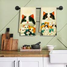 2 piezas Paños de cocina con estampado de gato, paños suaves y absorbentes de fibra superdensa, toallas de baño, estilo de dibujos animados modernos, lavable a máquina, adecuado para la decoración del hogar y restaurantes, regalo perfecto para amantes de los gatos, apropiado para la cocina, comedor, baño, hogar, 18*28 pulgadas