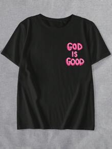 Große Größen "Gott ist gut" Christlicher Frauen Rundhals Kurzarm T-Shirt, bequeme lässige Passform, rosa Schriftzug Grafik vorne und hinten, minimalistische Stil Bekleidung