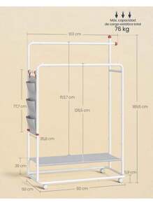SONGMICS HOME Perchero, Perchero Metálico con Ruedas, 2 Barras para Colgar, Bolsillos Laterales, Estante, Ganchos para Cerillas, Blanco Mate - Blanco - Ver 3
