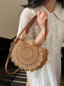 Borsa da spiaggia con capacità elevata, intrecciata e cava, per vacanze, borsa a spalla alla moda, versatile, minimalista, leggera, casual, per pendolarismo, shopping, appuntamenti, uso quotidiano - Cachi - Visualizzare 2